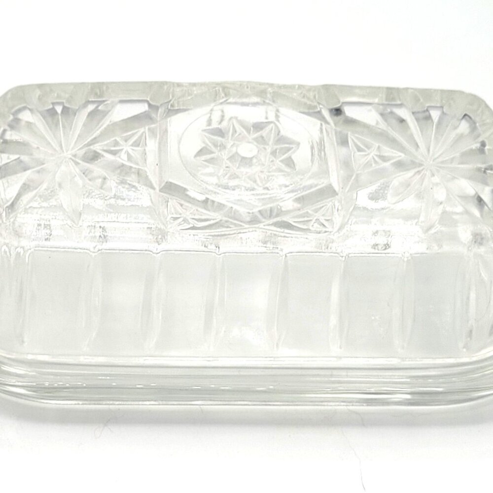 Anchor Hocking Starburst Clear Glass Butter Dish Lid & Plain Glass Bottom 7in.